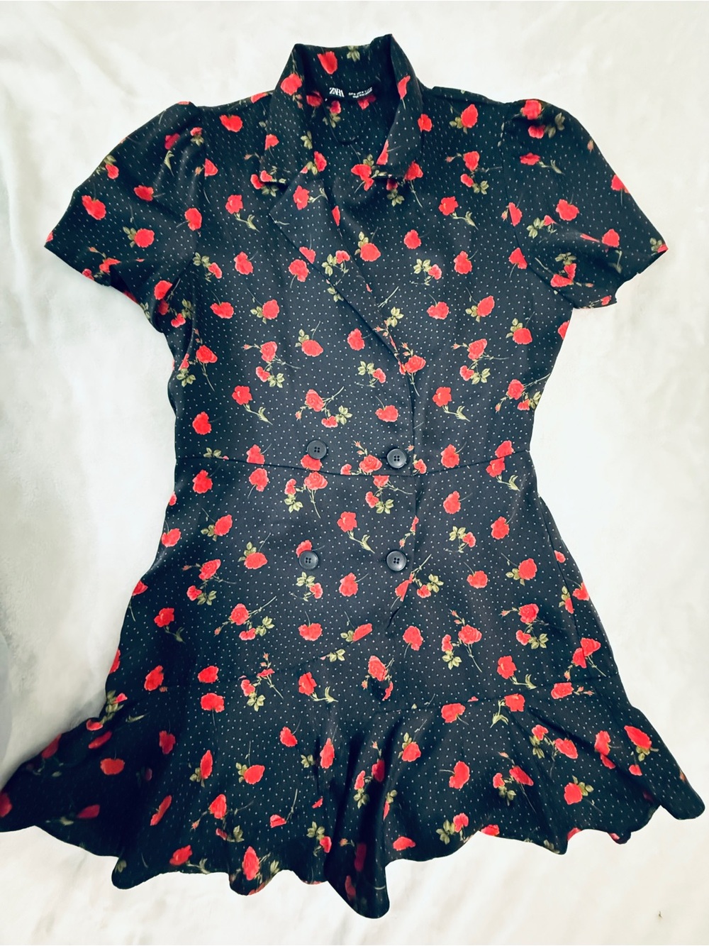 Zara Black Floral Mini Dress with Red Roses 🌹